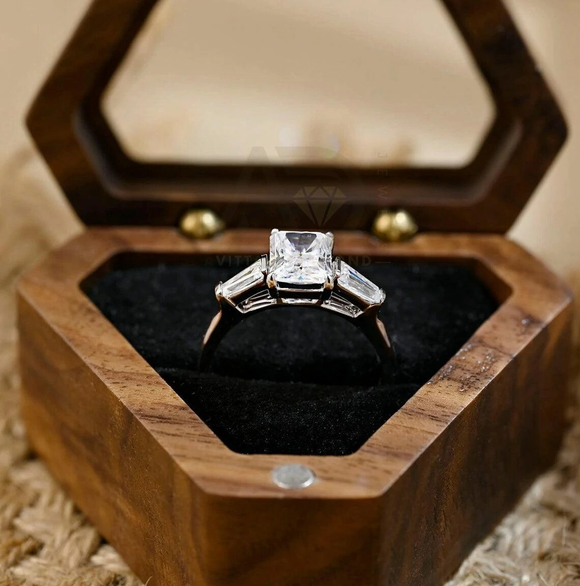 Three Stone Radiant Moissanite Engagement Ring Solid Gold Wedding Ring for Her