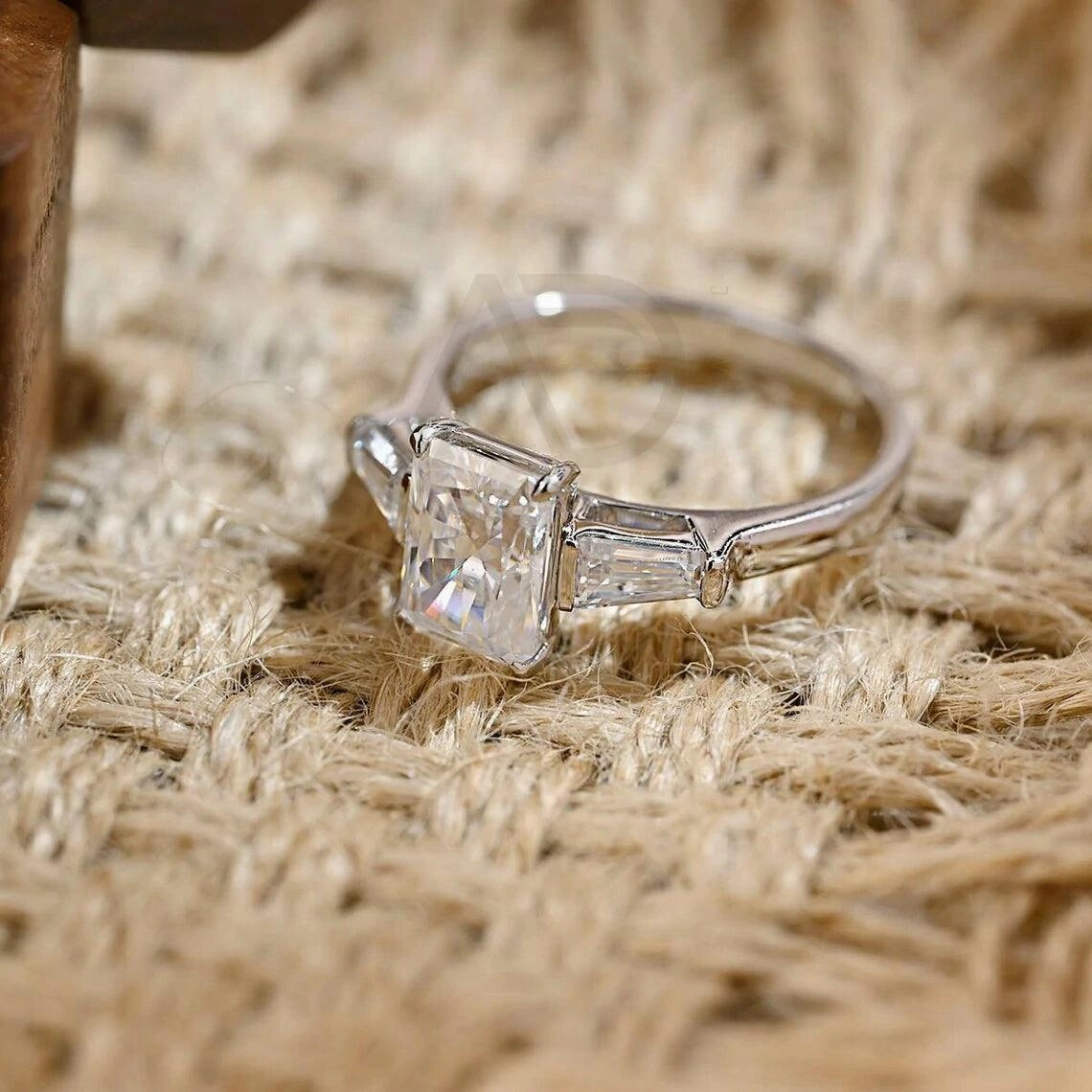 Three Stone Radiant Moissanite Engagement Ring Solid Gold Wedding Ring for Her