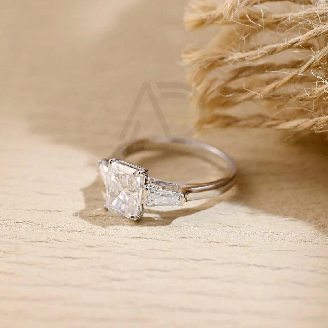 Three Stone Radiant Moissanite Engagement Ring Solid Gold Wedding Ring for Her