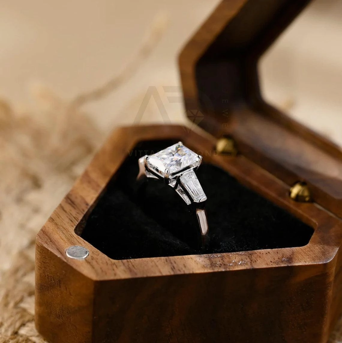 Three Stone Radiant Moissanite Engagement Ring Solid Gold Wedding Ring for Her