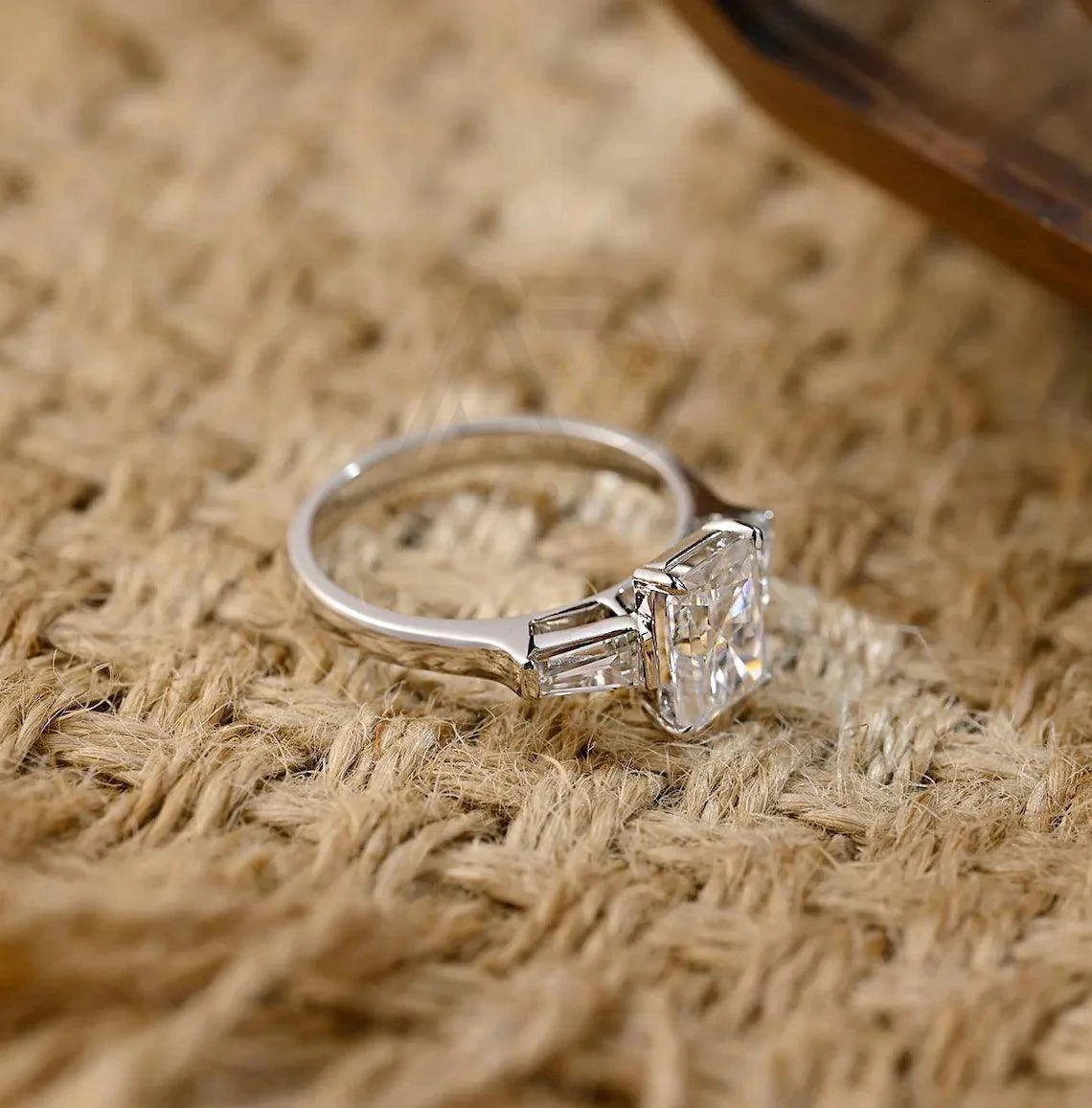 Three Stone Radiant Moissanite Engagement Ring Solid Gold Wedding Ring for Her