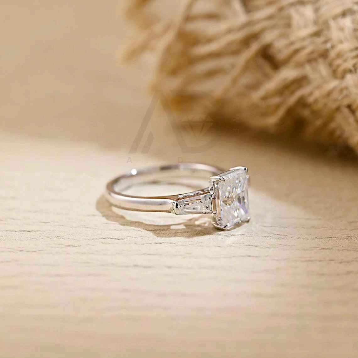 Three Stone Radiant Moissanite Engagement Ring Solid Gold Wedding Ring for Her