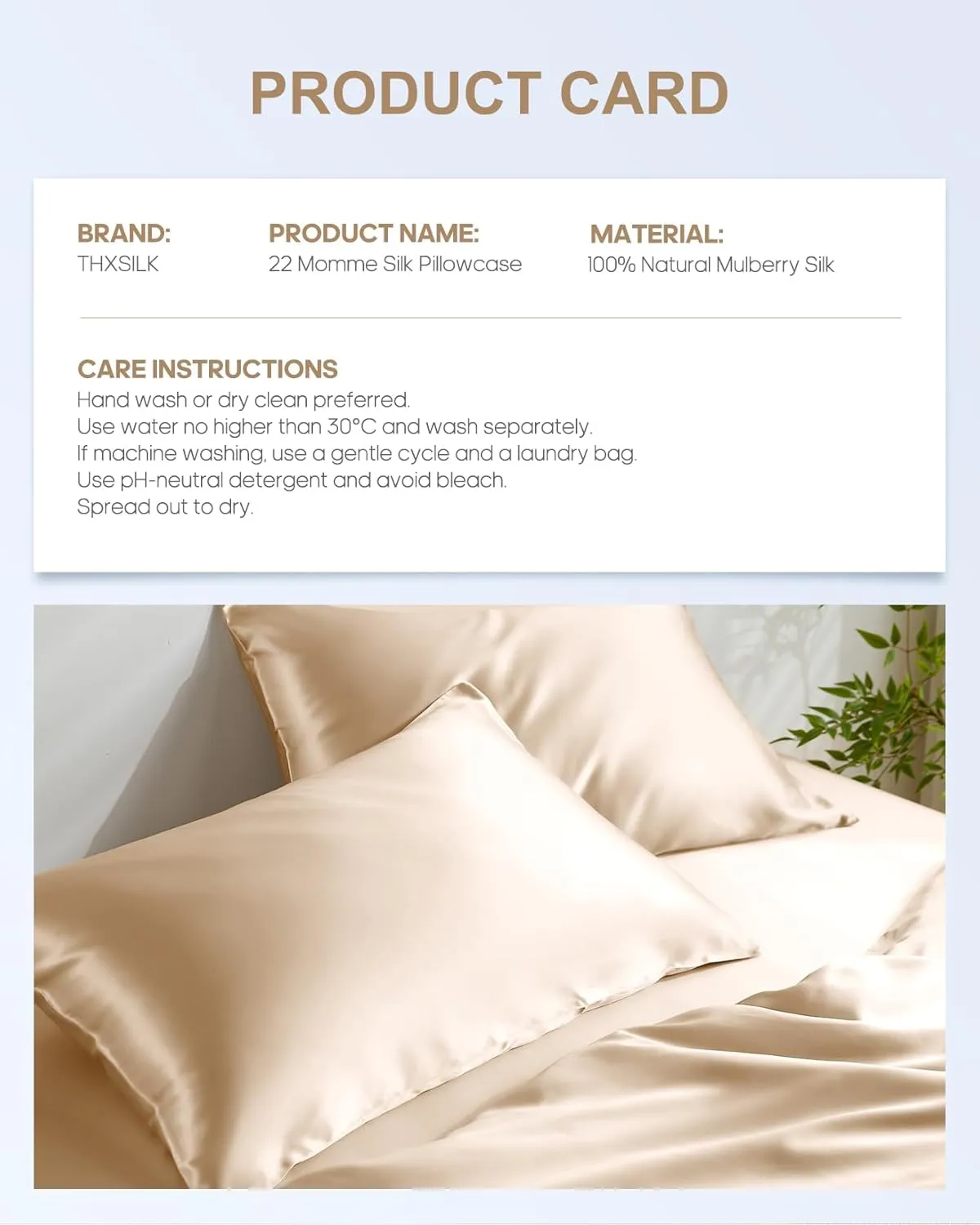 THXSILK Set of 2 100% Mulberry Silk Pillowcases for Hair and Skin Health, 22 Momme Soft and Smooth Pillowcases with Hidden Zipper, Both Sides Premium Grade 6A  Silk (Standard 20"x26", Beige)
