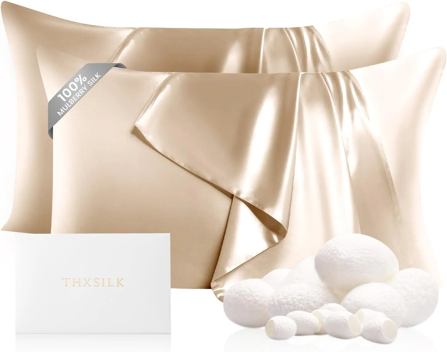 THXSILK Set of 2 100% Mulberry Silk Pillowcases for Hair and Skin Health, 22 Momme Soft and Smooth Pillowcases with Hidden Zipper, Both Sides Premium Grade 6A  Silk (Standard 20"x26", Beige)