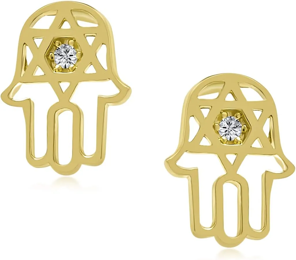 Tiny Petite Judaic Jewelry CZ Accent Real 14K Yellow Gold Hamsa Hebrew Chai Life Star Of David Judaic Stud Earrings For Women Teen For Bat Mitzvah Secure Screw Back