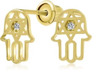 Tiny Petite Judaic Jewelry CZ Accent Real 14K Yellow Gold Hamsa Hebrew Chai Life Star Of David Judaic Stud Earrings For Women Teen For Bat Mitzvah Secure Screw Back