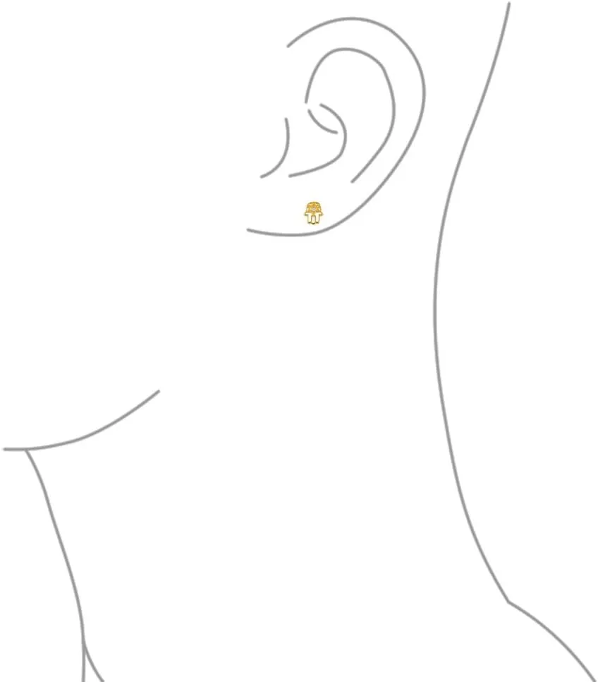 Tiny Petite Judaic Jewelry CZ Accent Real 14K Yellow Gold Hamsa Hebrew Chai Life Star Of David Judaic Stud Earrings For Women Teen For Bat Mitzvah Secure Screw Back