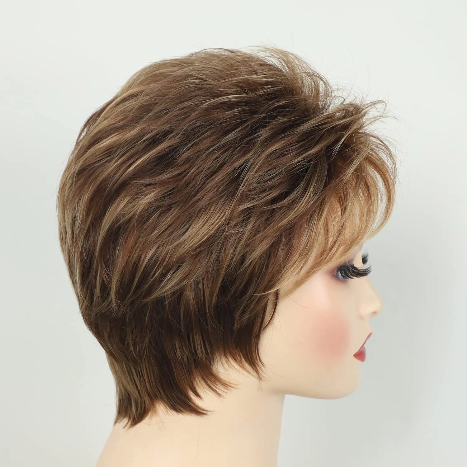 TISHINING Pixie Cut Short Brown Wigs for Women Dark Brown Mixed Blonde Layered Short Hair Wig with Bangs Natural Looking Daily Party Synthetic Hair Replacement Wig