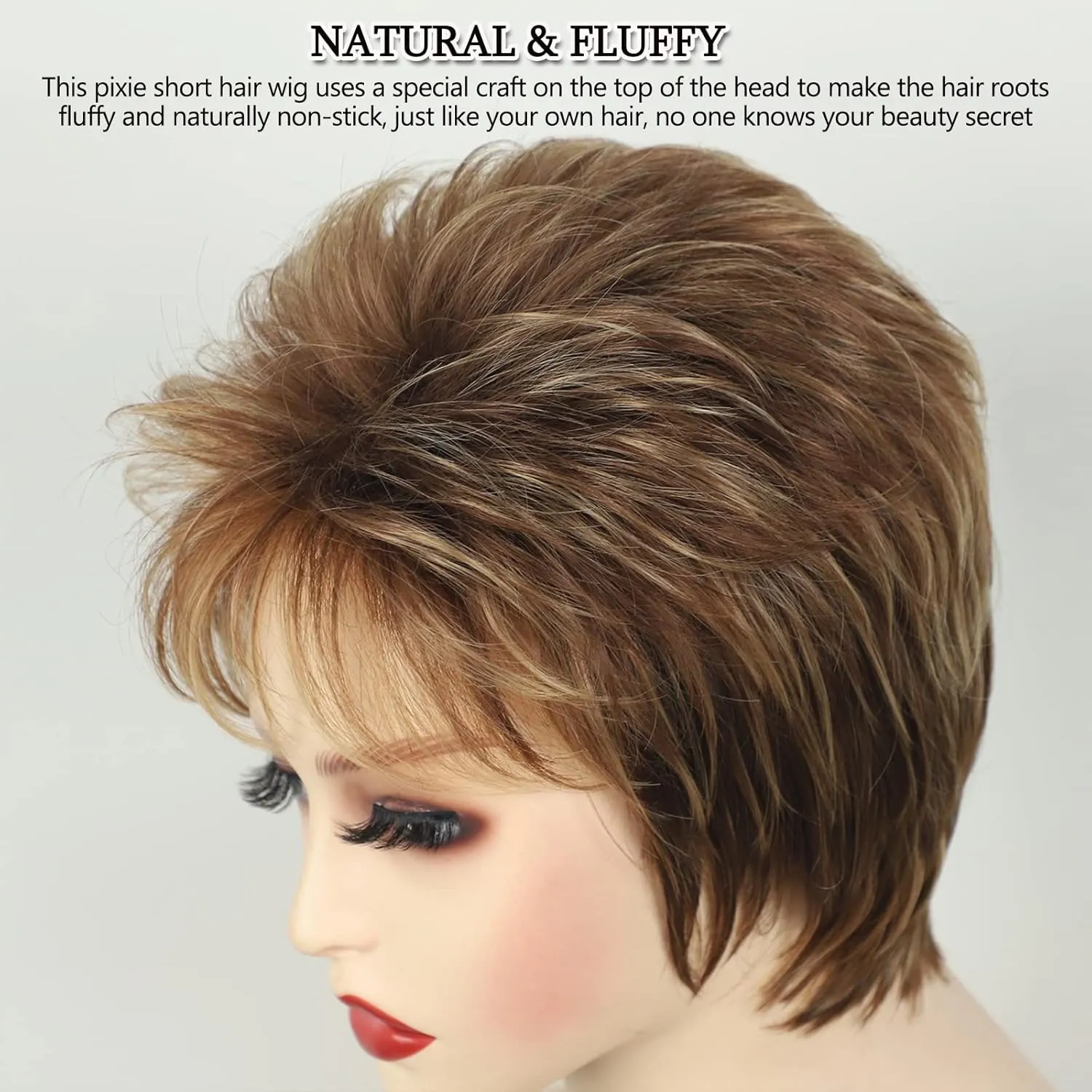 TISHINING Pixie Cut Short Brown Wigs for Women Dark Brown Mixed Blonde Layered Short Hair Wig with Bangs Natural Looking Daily Party Synthetic Hair Replacement Wig
