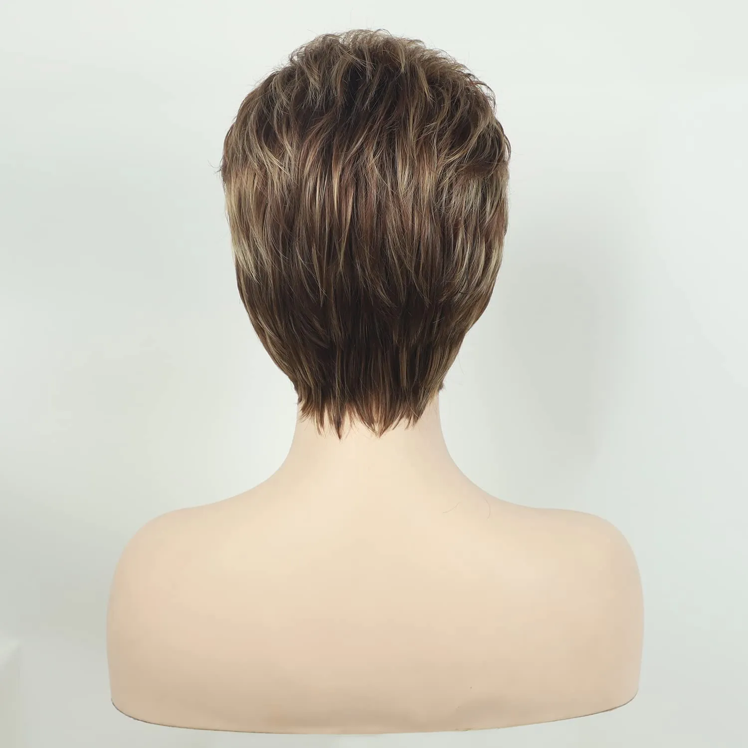 TISHINING Pixie Cut Short Brown Wigs for Women Dark Brown Mixed Blonde Layered Short Hair Wig with Bangs Natural Looking Daily Party Synthetic Hair Replacement Wig