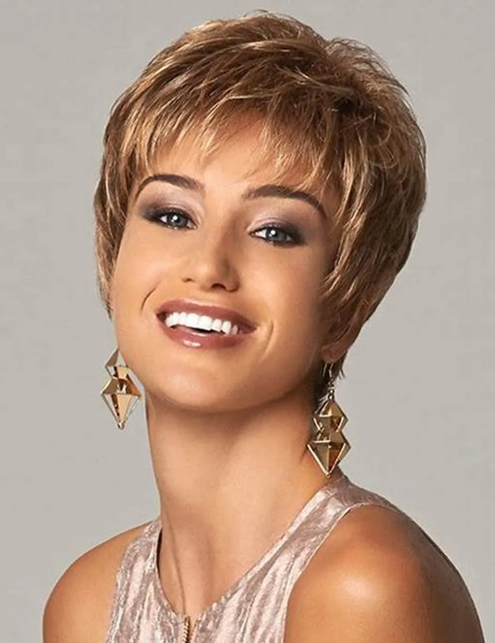 TISHINING Pixie Cut Short Brown Wigs for Women Dark Brown Mixed Blonde Layered Short Hair Wig with Bangs Natural Looking Daily Party Synthetic Hair Replacement Wig