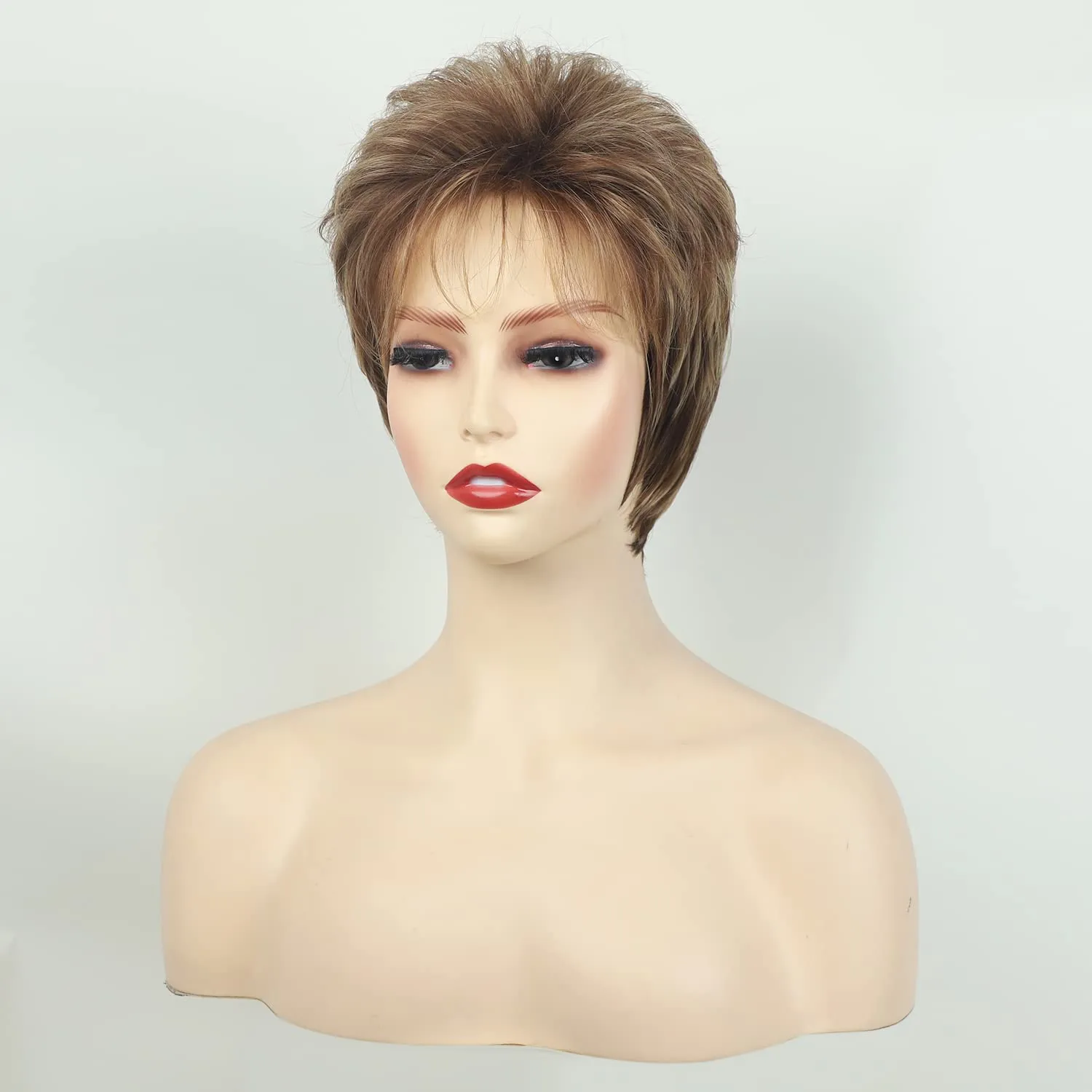 TISHINING Pixie Cut Short Brown Wigs for Women Dark Brown Mixed Blonde Layered Short Hair Wig with Bangs Natural Looking Daily Party Synthetic Hair Replacement Wig