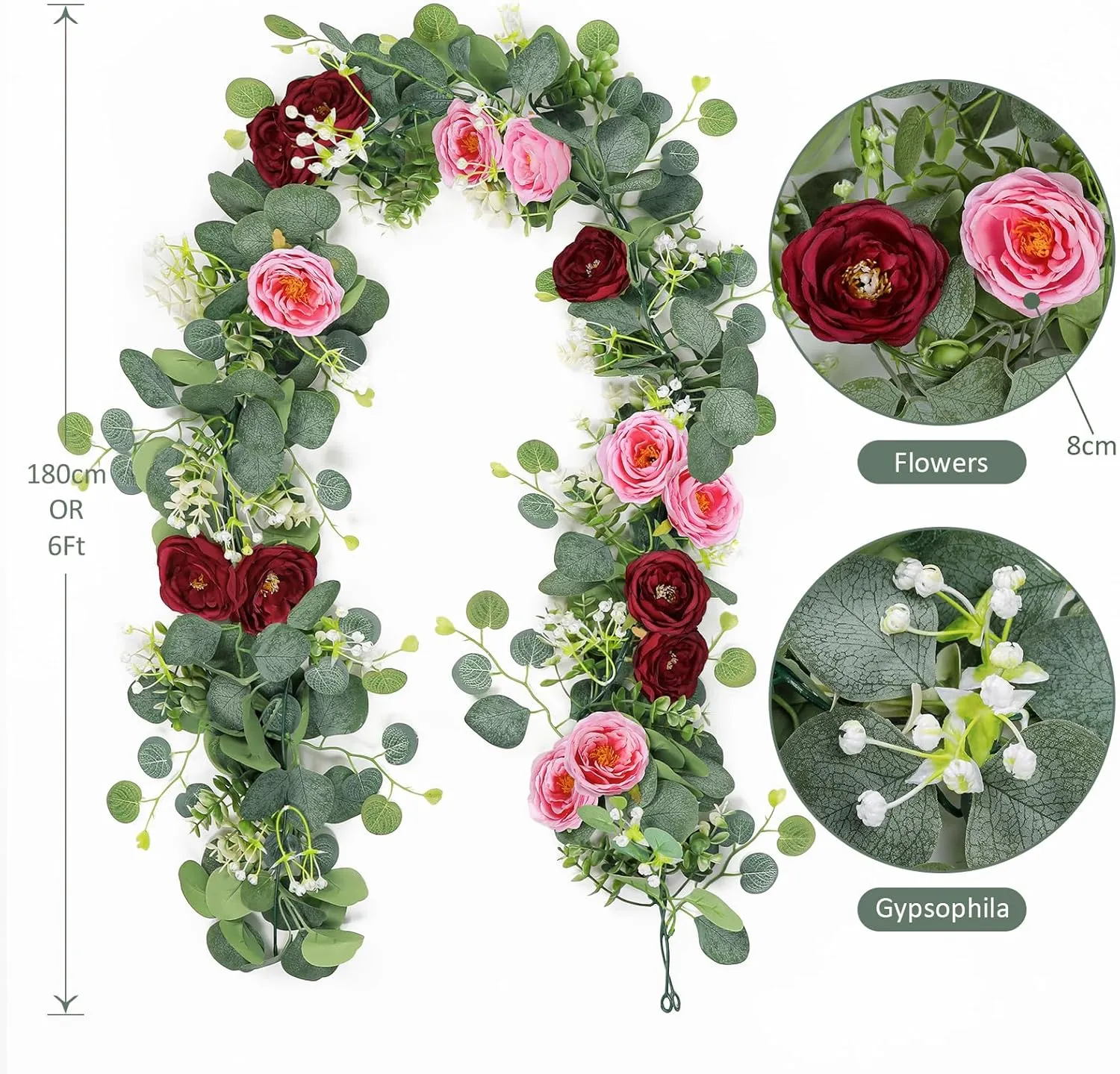TOCHGREEN 2 Pack 13Ft Artificial Eucalyptus Flower Garland with Red Pink Roses, Fake Rose Flower Greenery Garland Floral Vines for Wedding Home Party Table Runner Decor (Red Pink, 2PCS)