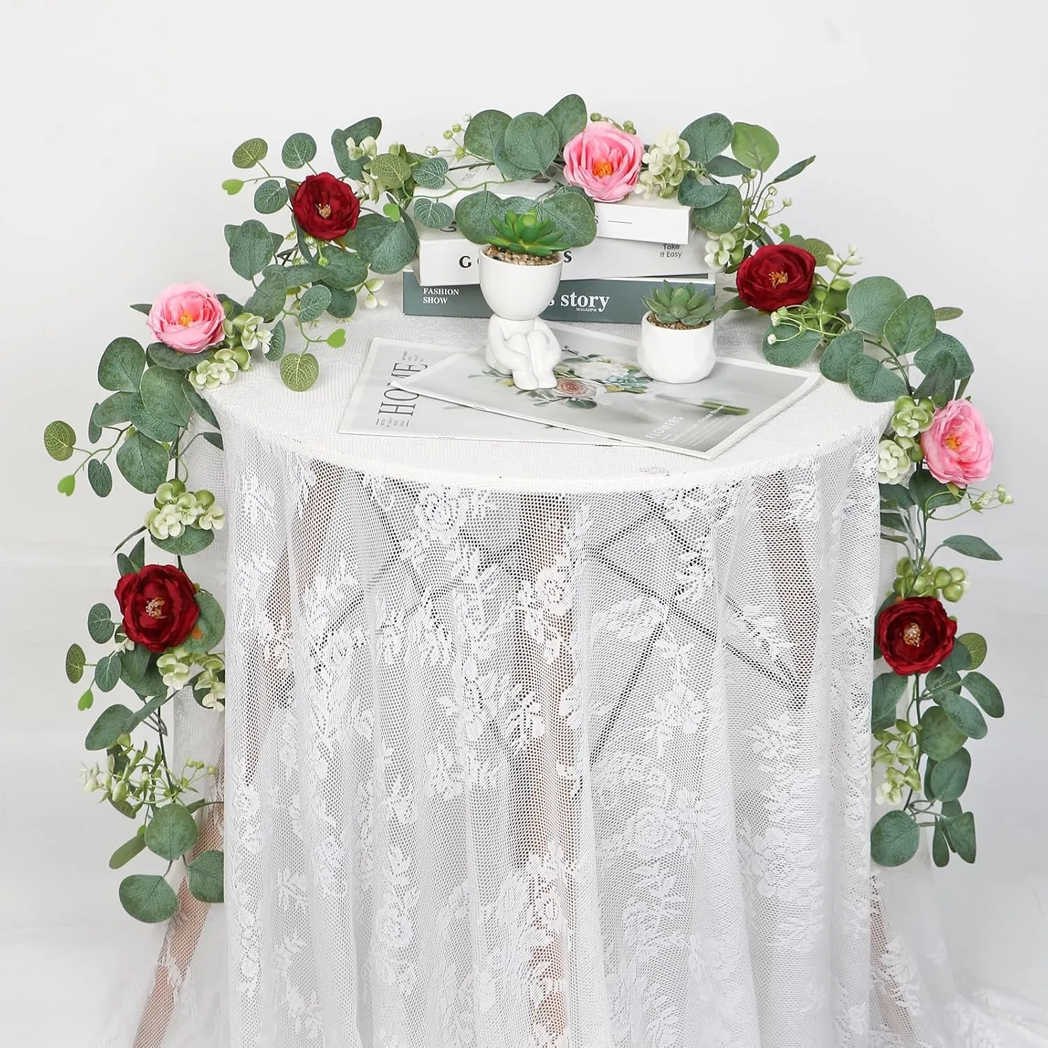 TOCHGREEN 2 Pack 13Ft Artificial Eucalyptus Flower Garland with Red Pink Roses, Fake Rose Flower Greenery Garland Floral Vines for Wedding Home Party Table Runner Decor (Red Pink, 2PCS)