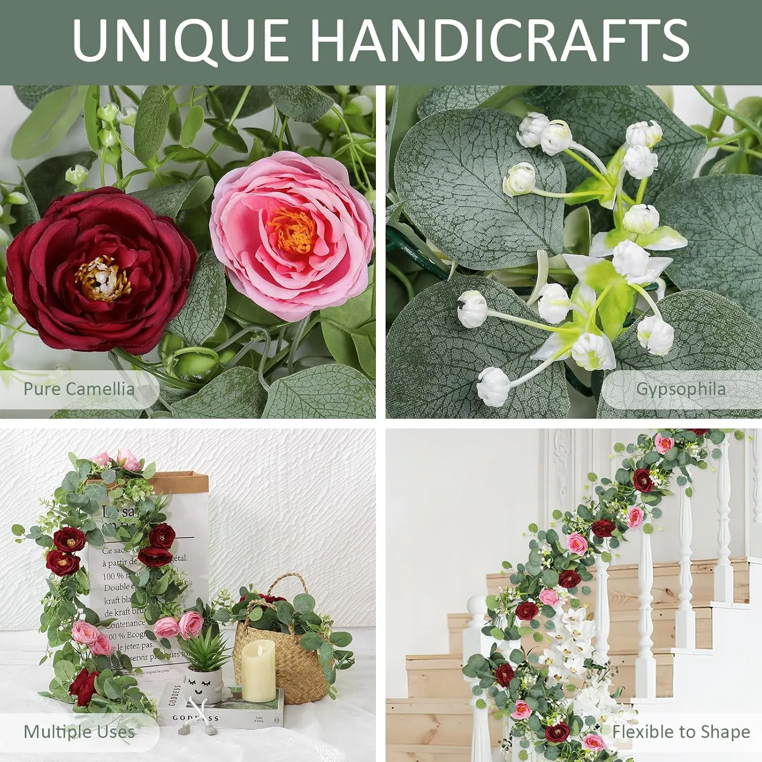 TOCHGREEN 2 Pack 13Ft Artificial Eucalyptus Flower Garland with Red Pink Roses, Fake Rose Flower Greenery Garland Floral Vines for Wedding Home Party Table Runner Decor (Red Pink, 2PCS)