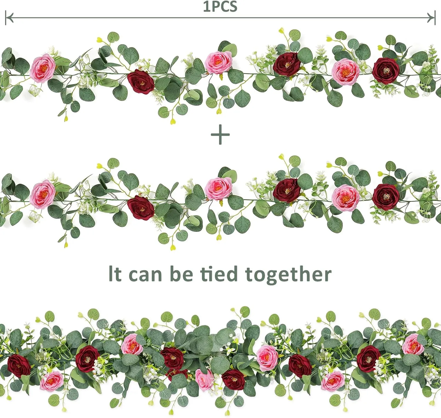 TOCHGREEN 2 Pack 13Ft Artificial Eucalyptus Flower Garland with Red Pink Roses, Fake Rose Flower Greenery Garland Floral Vines for Wedding Home Party Table Runner Decor (Red Pink, 2PCS)