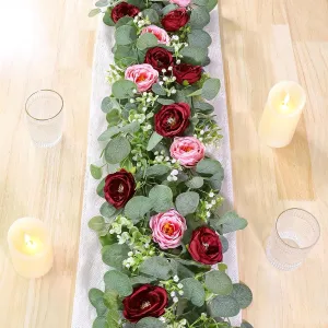 TOCHGREEN 2 Pack 13Ft Artificial Eucalyptus Flower Garland with Red Pink Roses, Fake Rose Flower Greenery Garland Floral Vines for Wedding Home Party Table Runner Decor (Red Pink, 2PCS)