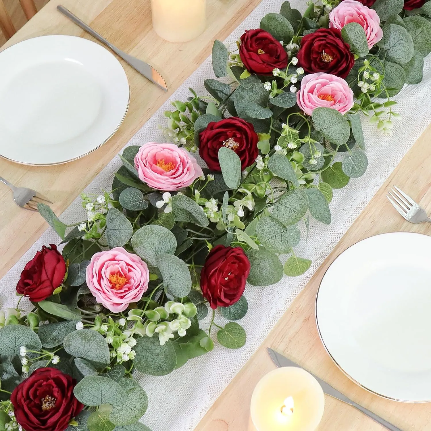 TOCHGREEN 2 Pack 13Ft Artificial Eucalyptus Flower Garland with Red Pink Roses, Fake Rose Flower Greenery Garland Floral Vines for Wedding Home Party Table Runner Decor (Red Pink, 2PCS)