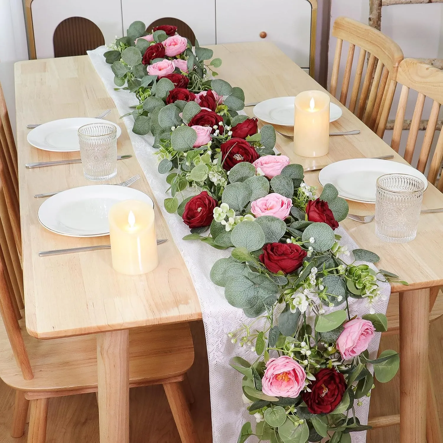 TOCHGREEN 2 Pack 13Ft Artificial Eucalyptus Flower Garland with Red Pink Roses, Fake Rose Flower Greenery Garland Floral Vines for Wedding Home Party Table Runner Decor (Red Pink, 2PCS)