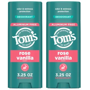 Tom's of Maine Rose Vanilla Aluminum Free Natural Deodorant For Women & Men | Goes on Clear | Odor & Wetness Protection | Naturally Derived and Moisture-Locking Ingredients | 3.25 oz (2 Pack)