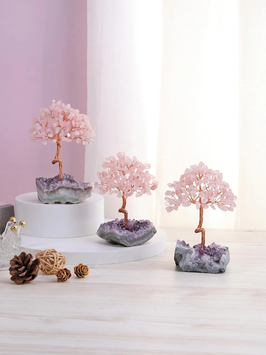 Top Plaza Rose Quartz Crystal Tree Healing Crystal Stones Wrapped on Natural Raw Amethyst Cluster Base Handmade Gemstone Life Tree Mini Money Tree Home Office Desk Decor Good Luck