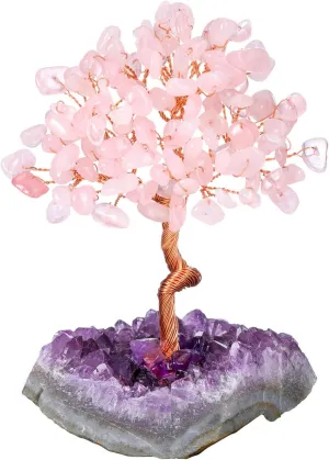 Top Plaza Rose Quartz Crystal Tree Healing Crystal Stones Wrapped on Natural Raw Amethyst Cluster Base Handmade Gemstone Life Tree Mini Money Tree Home Office Desk Decor Good Luck