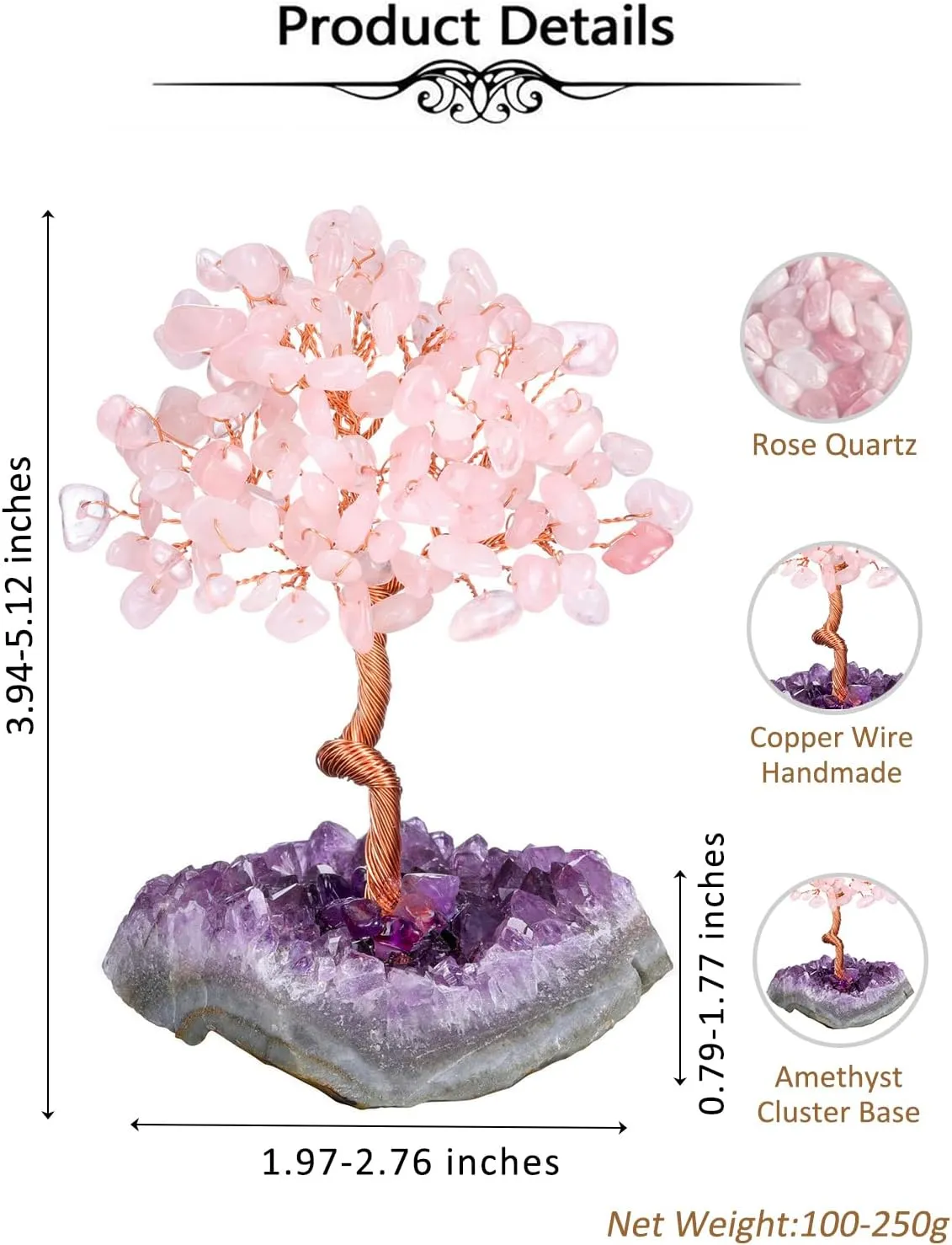 Top Plaza Rose Quartz Crystal Tree Healing Crystal Stones Wrapped on Natural Raw Amethyst Cluster Base Handmade Gemstone Life Tree Mini Money Tree Home Office Desk Decor Good Luck