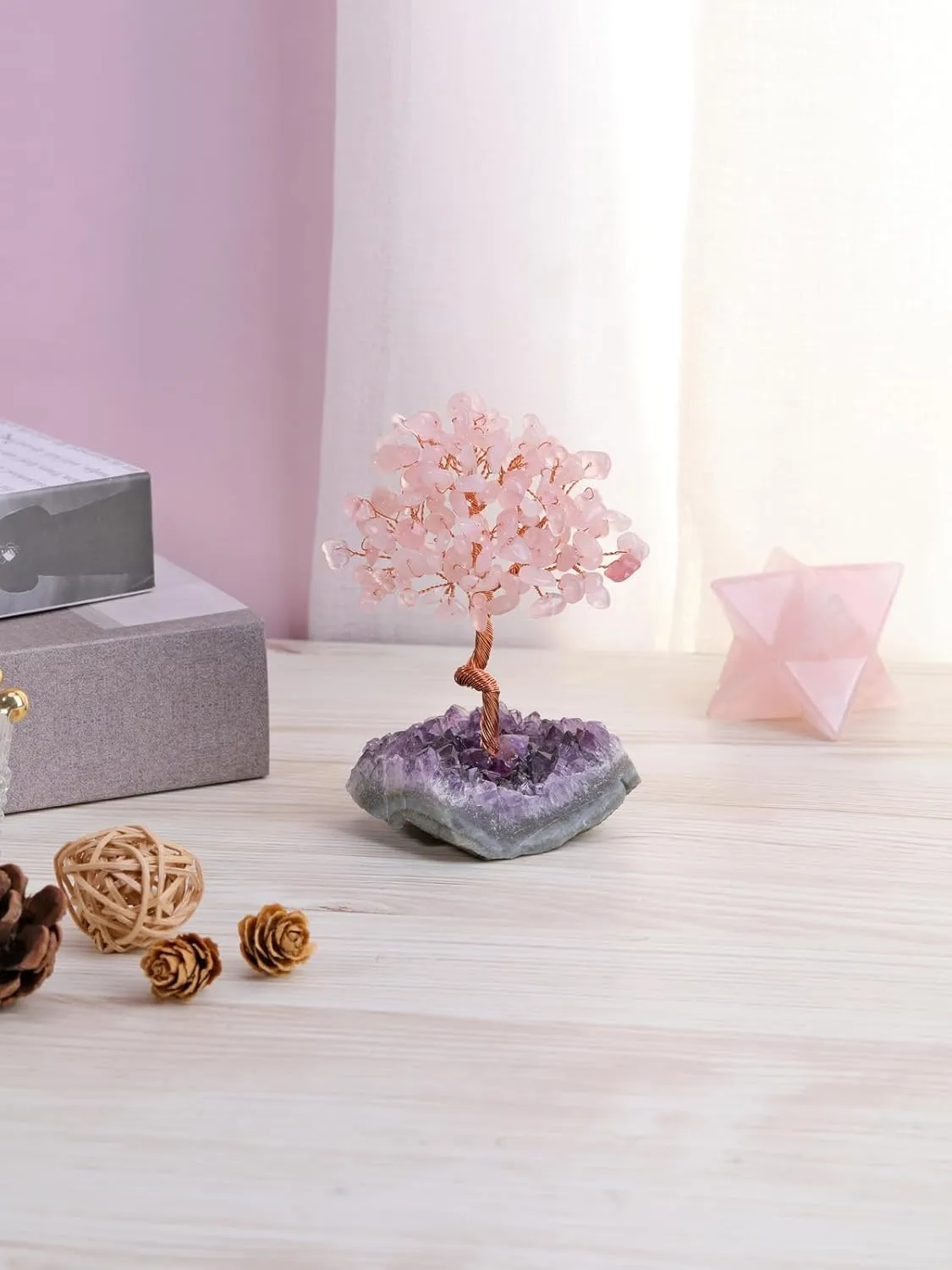 Top Plaza Rose Quartz Crystal Tree Healing Crystal Stones Wrapped on Natural Raw Amethyst Cluster Base Handmade Gemstone Life Tree Mini Money Tree Home Office Desk Decor Good Luck