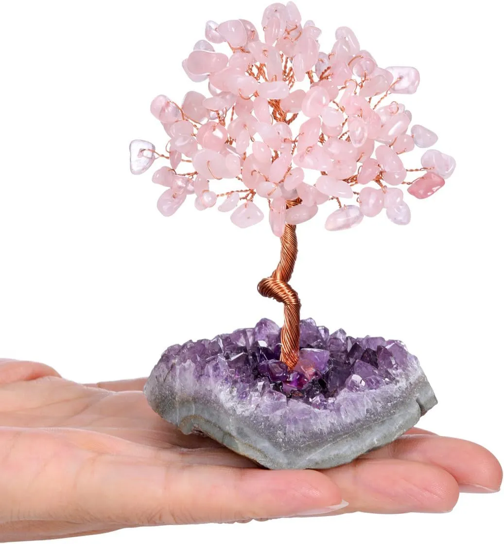 Top Plaza Rose Quartz Crystal Tree Healing Crystal Stones Wrapped on Natural Raw Amethyst Cluster Base Handmade Gemstone Life Tree Mini Money Tree Home Office Desk Decor Good Luck