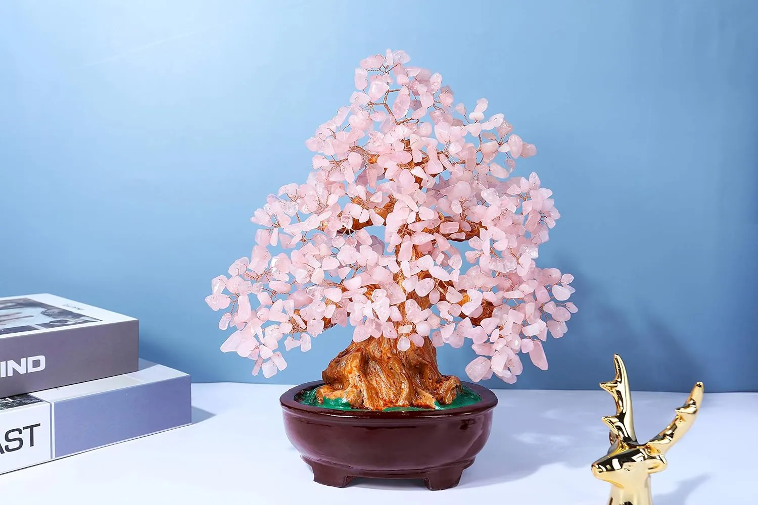 Top Plaza Rose Quartz Healing Crystal Money Tree 10 Inch Stone Bonsai Tree Feng Shui Good Luck Wealth Trees Decor Business Gift for Office Home Living Room