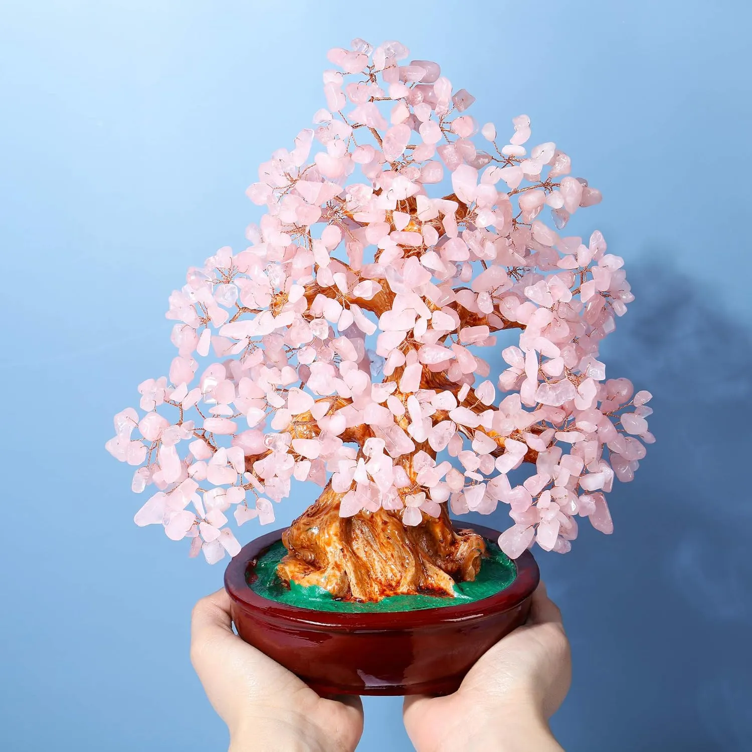 Top Plaza Rose Quartz Healing Crystal Money Tree 10 Inch Stone Bonsai Tree Feng Shui Good Luck Wealth Trees Decor Business Gift for Office Home Living Room