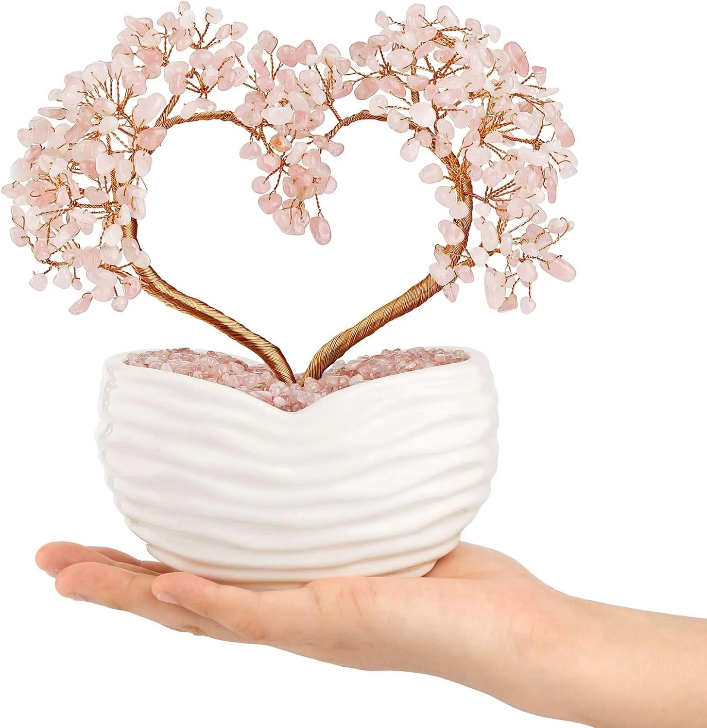 Top Plaza Rose Quartz Healing Crystals Stones Tree Gemstones Bonsai Money Tree Good Luck Wealth Figurine Decor for Home Living Room Love Heart Wedding Decoration 8 Inches Mothers Day Mom Gitfs