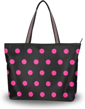 Tropical Handbag for Women Bright Pink Polka Dot Black Shoulder Bag Gym Tote Travel Shopping Satchel