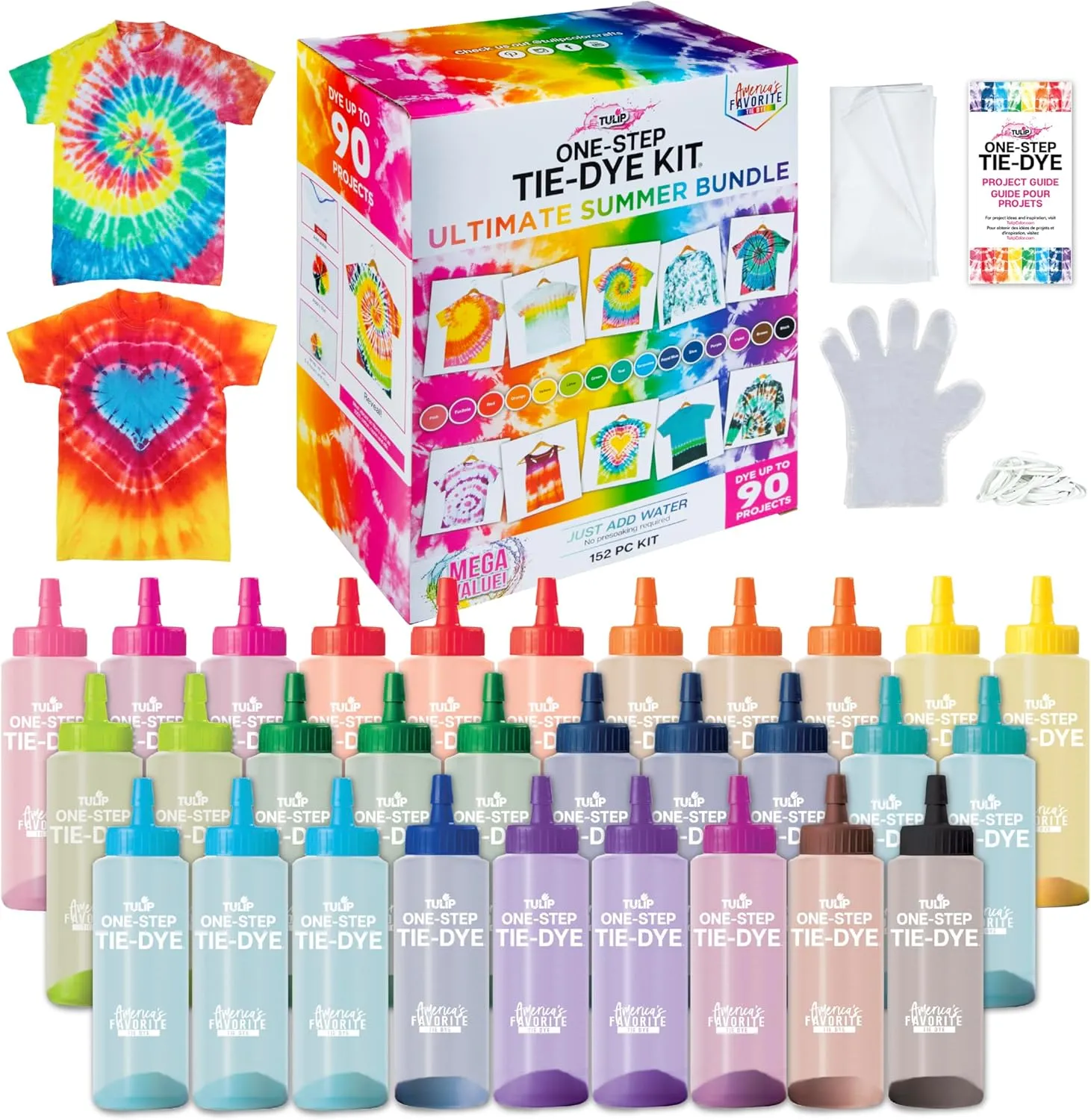 Tulip One-Step Tie Dye Ultimate Summer Bundle, Classroom Pack, Tie Dye Party Supplies, Durable Results - Includes 30 Bottles, Comes with Easy Techniques for Kids and Adults