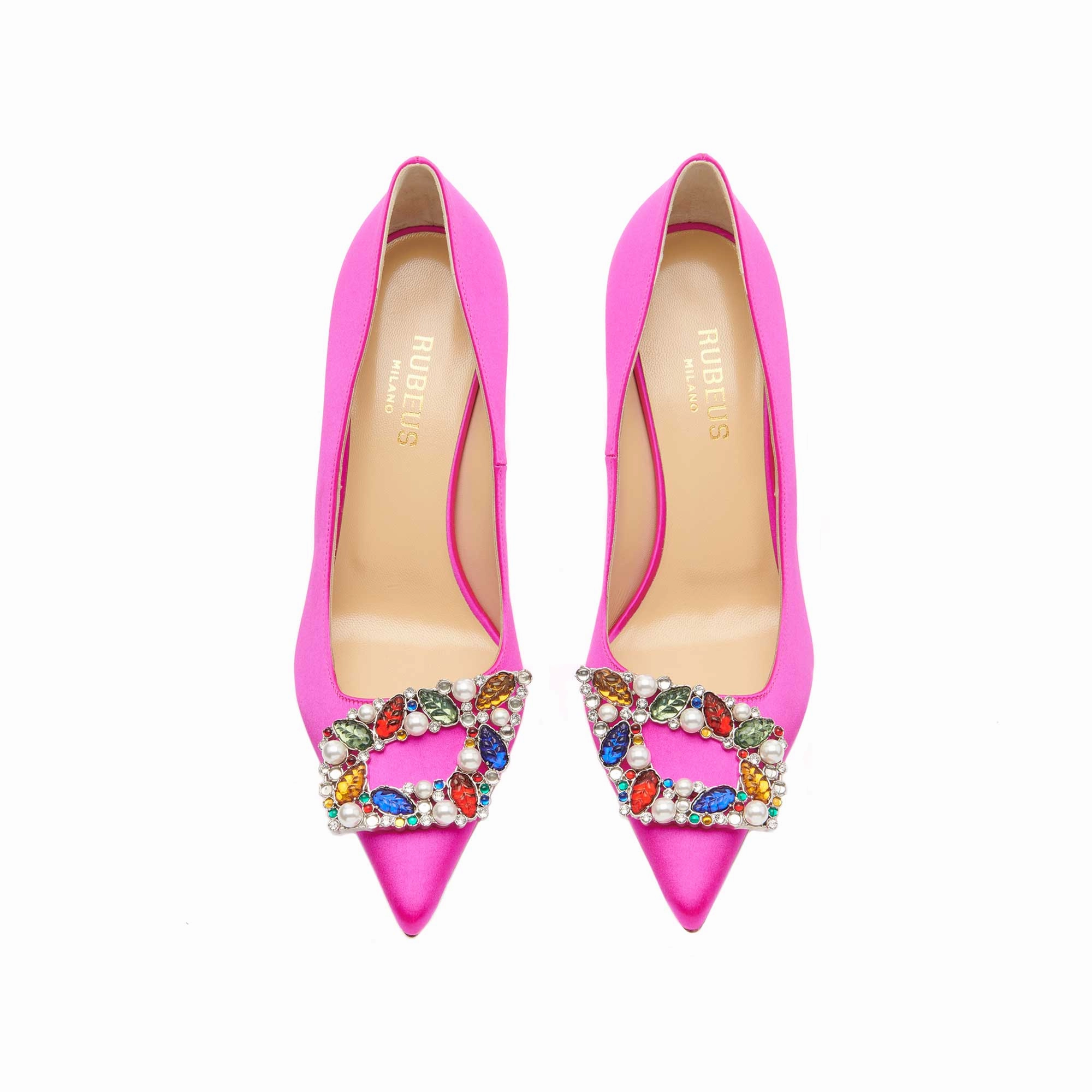 Tutti Frutti Decollete 75 
Fuchsia Satin Jewel Buckle Pumps