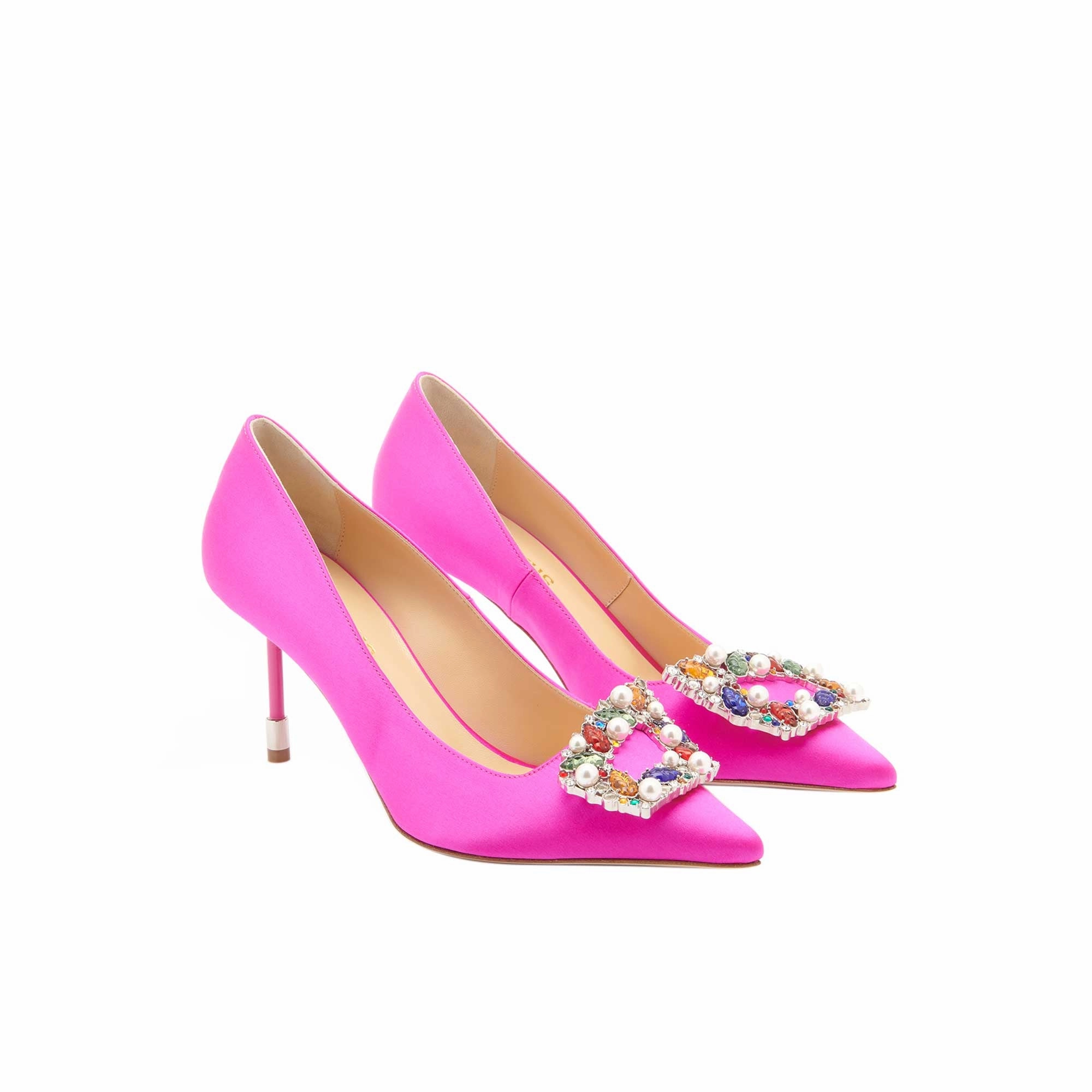 Tutti Frutti Decollete 75 
Fuchsia Satin Jewel Buckle Pumps