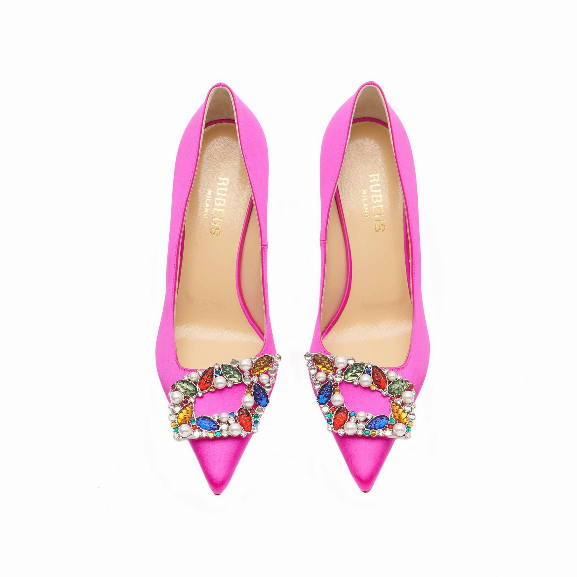 Tutti Frutti Decollete 75 
Fuchsia Satin Jewel Buckle Pumps