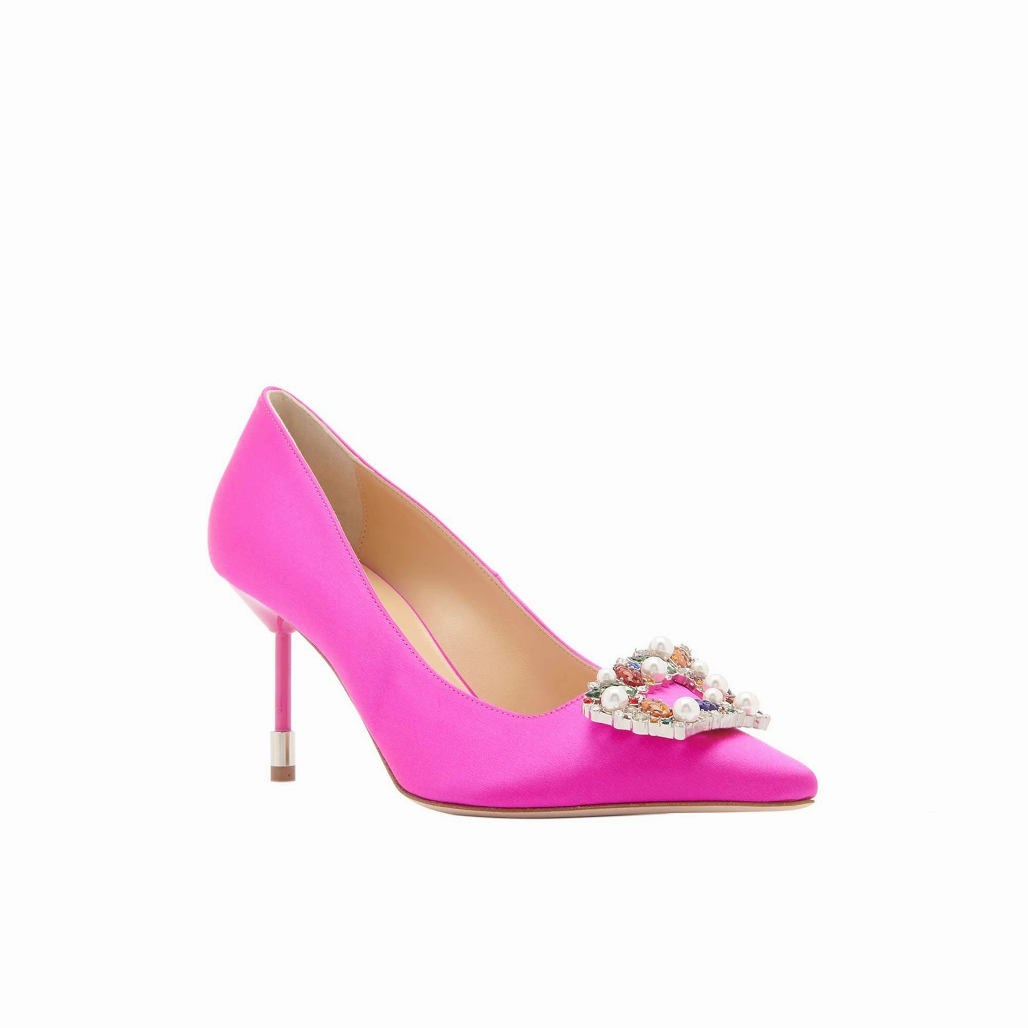 Tutti Frutti Decollete 75 
Fuchsia Satin Jewel Buckle Pumps