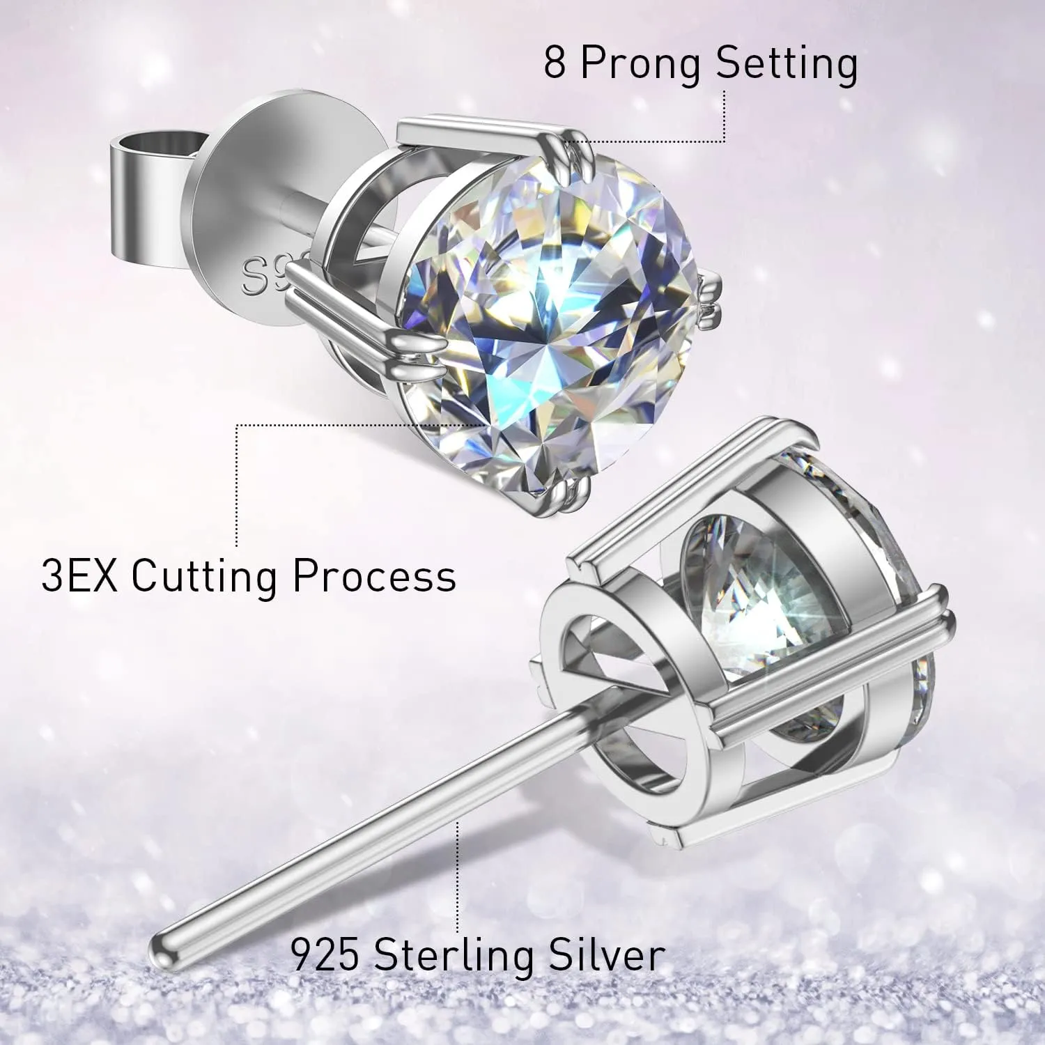 UHIBROS Moissanite Earrings 18k White Gold Sterling Silver Earrings Diamond Earrings D Color VVS1 Clarity Lab Created Hypoallergenic Stud Earrings for Women Men Jewelry Gift 0.3ct-2.0ct