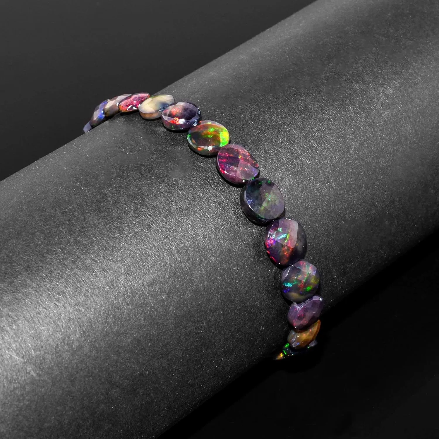Ultra Fire Black Opal Beads Dainty Bangle Bracelets, Birthstone Jewelry, 14K Gold Plated Sterling Silver Chain 8 Inch, Healing Chakra Crystals Gifts for Women