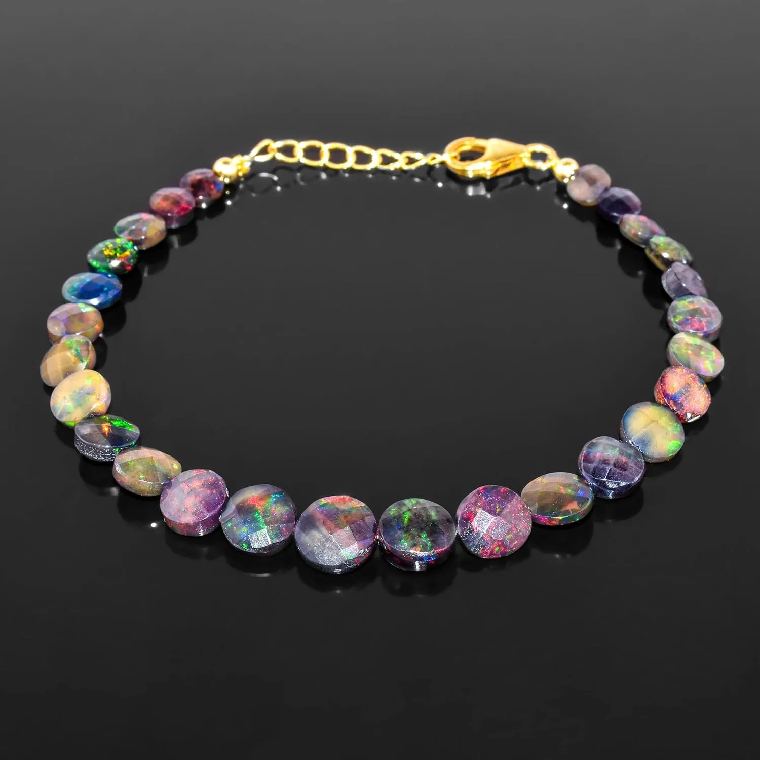 Ultra Fire Black Opal Beads Dainty Bangle Bracelets, Birthstone Jewelry, 14K Gold Plated Sterling Silver Chain 8 Inch, Healing Chakra Crystals Gifts for Women