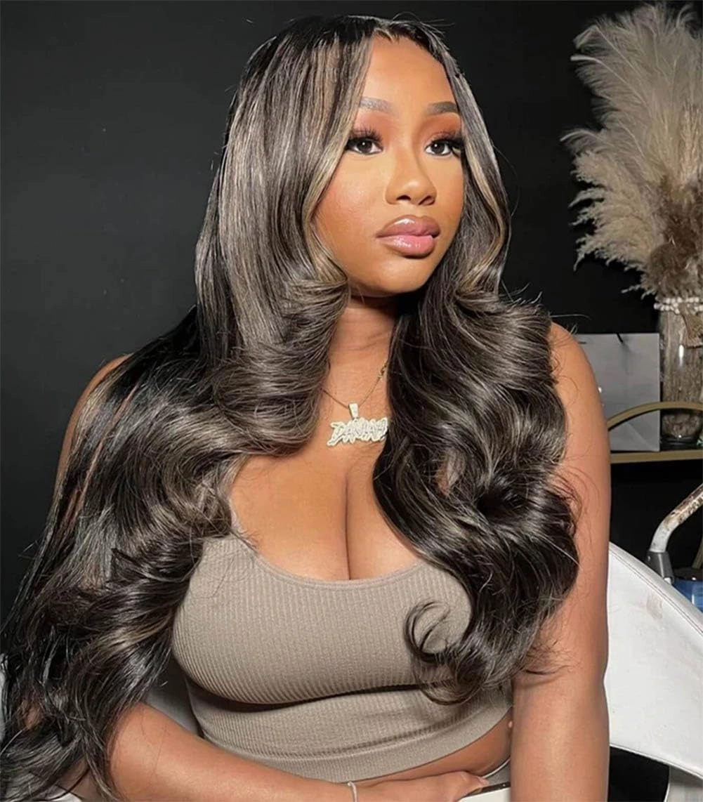 Upgrade Black with Brown Blonde Highlight Wig Human Hair 210% Density 13x4 HD Body Wave Luxury Balayage Blonde Highlight Wig 12A Grade Raw Hair Pre Plucked Ombre Lace Front Wig for Women 20 Inch