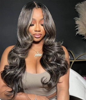 Upgrade Black with Brown Blonde Highlight Wig Human Hair 210% Density 13x4 HD Body Wave Luxury Balayage Blonde Highlight Wig 12A Grade Raw Hair Pre Plucked Ombre Lace Front Wig for Women 20 Inch
