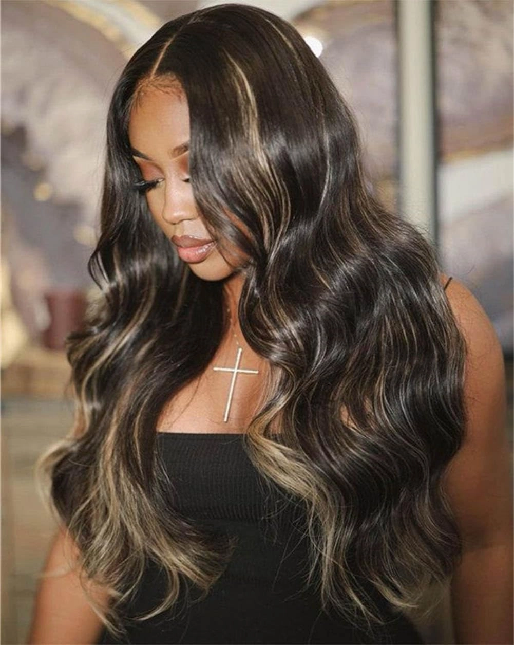 Upgrade Black with Brown Blonde Highlight Wig Human Hair 210% Density 13x4 HD Body Wave Luxury Balayage Blonde Highlight Wig 12A Grade Raw Hair Pre Plucked Ombre Lace Front Wig for Women 20 Inch