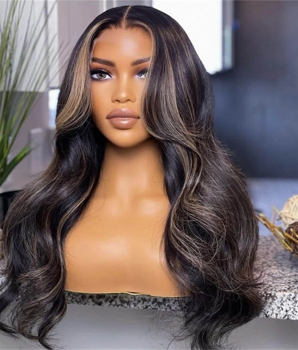 Upgrade Black with Brown Blonde Highlight Wig Human Hair 210% Density 13x4 HD Body Wave Luxury Balayage Blonde Highlight Wig 12A Grade Raw Hair Pre Plucked Ombre Lace Front Wig for Women 20 Inch