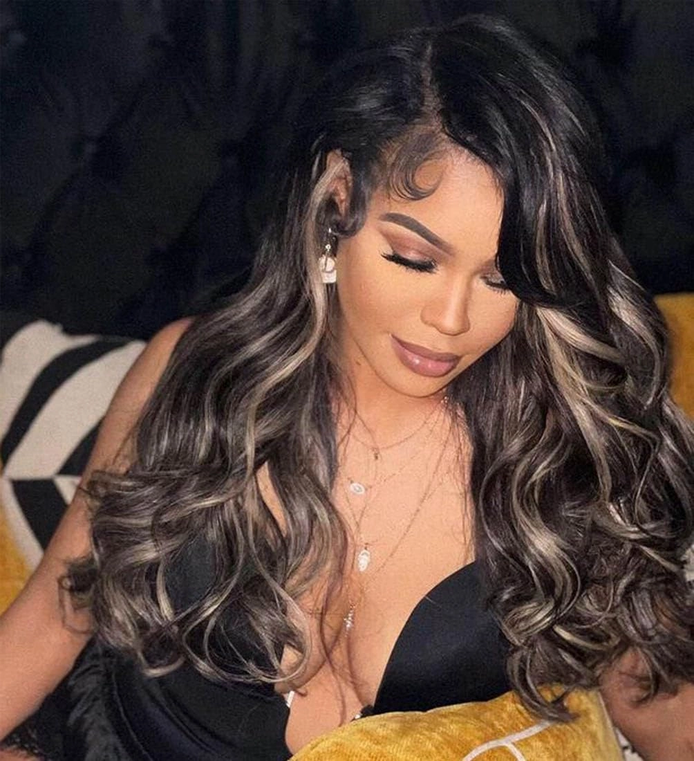 Upgrade Black with Brown Blonde Highlight Wig Human Hair 210% Density 13x4 HD Body Wave Luxury Balayage Blonde Highlight Wig 12A Grade Raw Hair Pre Plucked Ombre Lace Front Wig for Women 20 Inch