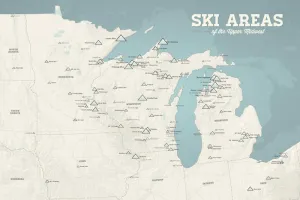 Upper Midwest Ski Resorts Map 24x36 Poster (Beige & Opal Blue)