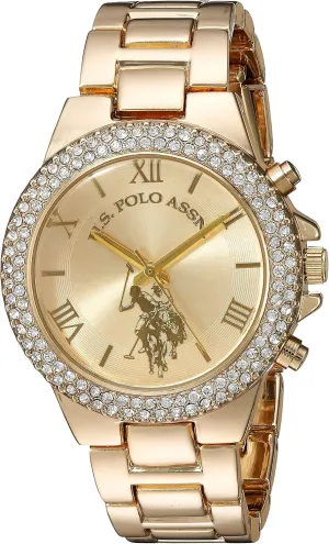 U.S. Polo Assn. Women's Analog Watch – Gold-Tone Dial with Crystal-Embellished Bezel and Stainless Steel Bracelet – Elegant, Durable, and Adjustable Fit for Wrists 5.5" to 8"