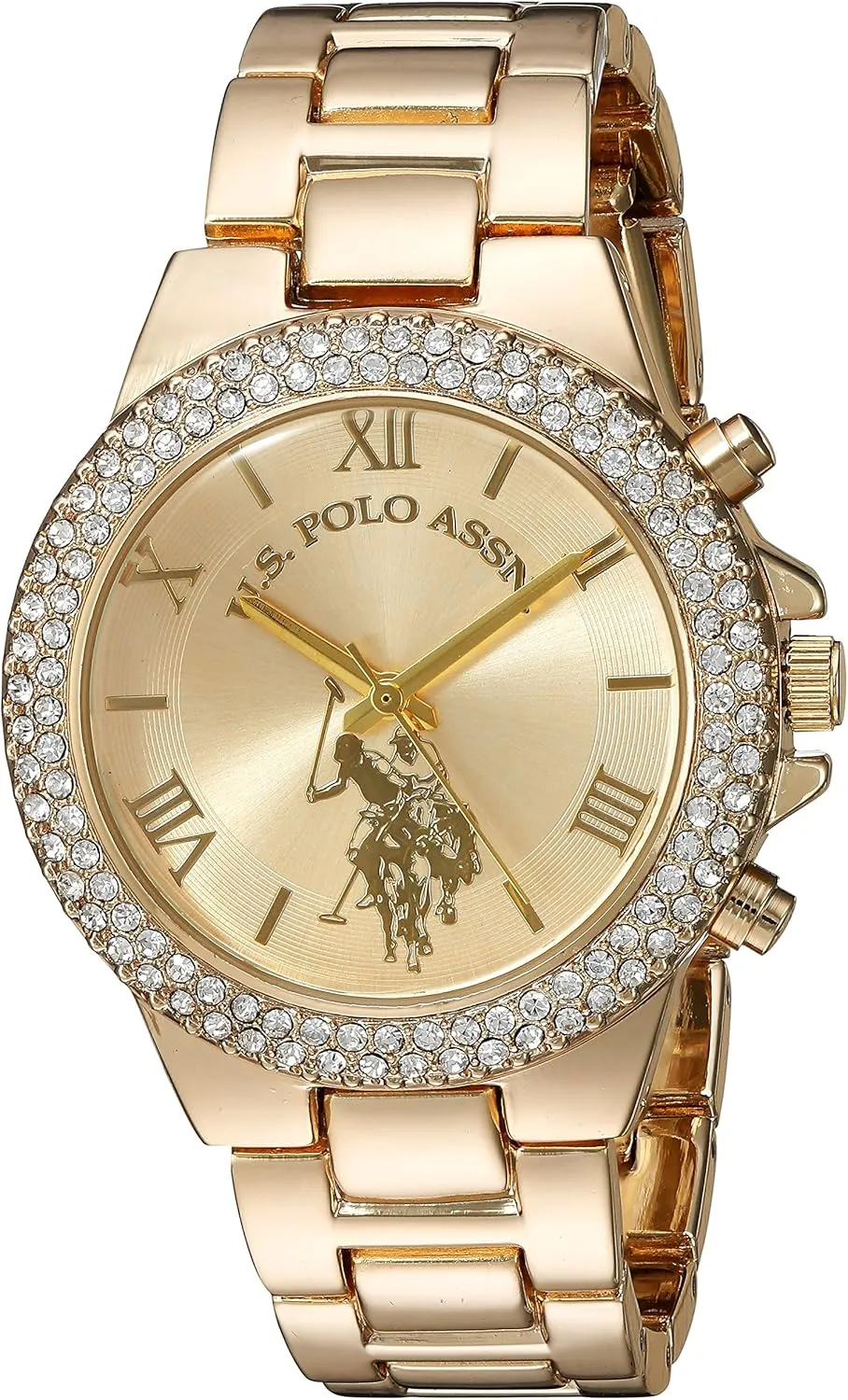 U.S. Polo Assn. Women's Analog Watch – Gold-Tone Dial with Crystal-Embellished Bezel and Stainless Steel Bracelet – Elegant, Durable, and Adjustable Fit for Wrists 5.5" to 8"