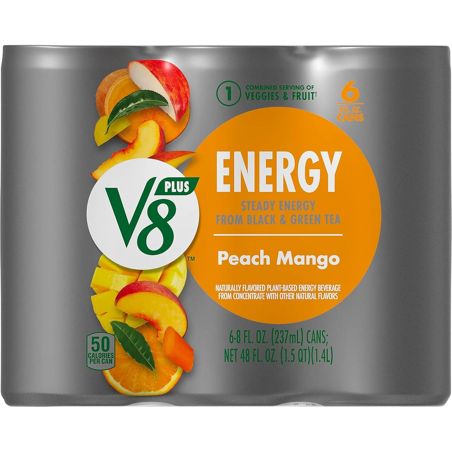 V8  Energy Peach Mango Juice Energy Drink, 8 fl oz Can (24 Pack)